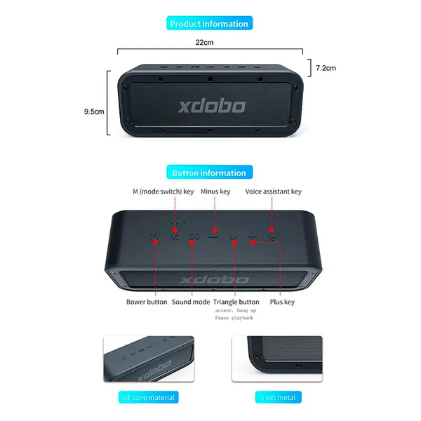 Беспроводная колонка XDOBO Wake 50 Вт Soundbar Box Сабвуфер с глубокими басами,TWS,Type-C,IPX7,BT5.0,10h Max XW50W фото