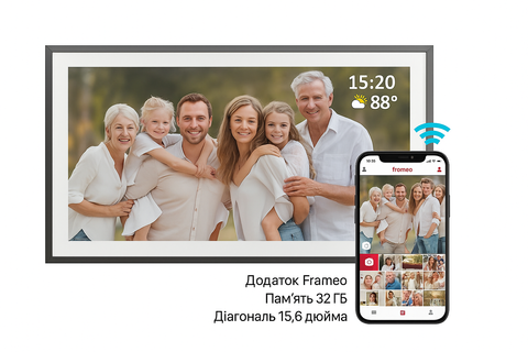 Цифрова фоторамка,Електронна фоторамка 15,6 дюйма,WI-FI,Frameo App,32ГБ, IPS HD Touch Screen FR15BW фото